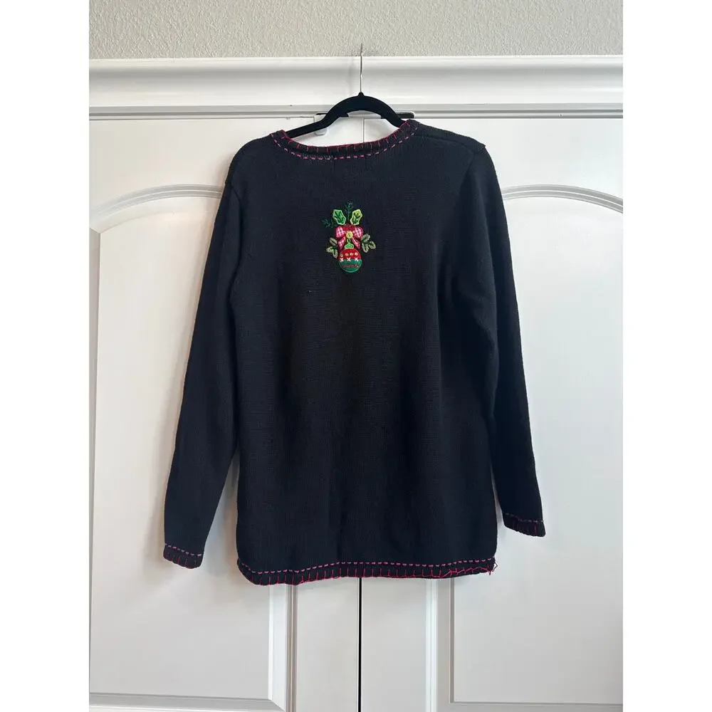Quaker Factory Black Sweater with Embroidered Christmas Tree Novelty Detail - Picture 10 of 10